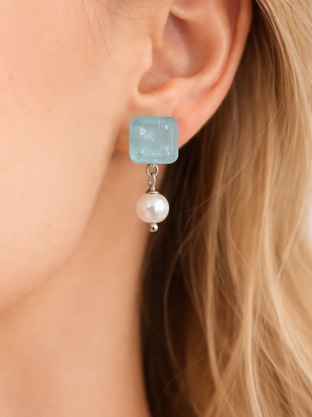 Light Blue Glass and Pearl  Earrings.